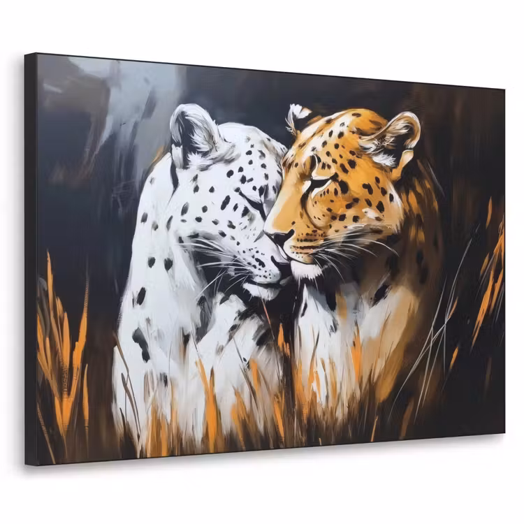Luipaard - Oranje - Wit - Gras Textielframe zwart klein -3d