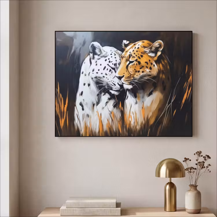 Luipaard - Oranje - Wit - Gras Textielframe - compleet frame klein -sfeer2