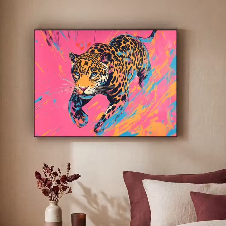 Luipaard - Roze - Oranje - Blauw - Verf Textielframe zwart klein -sfeer1