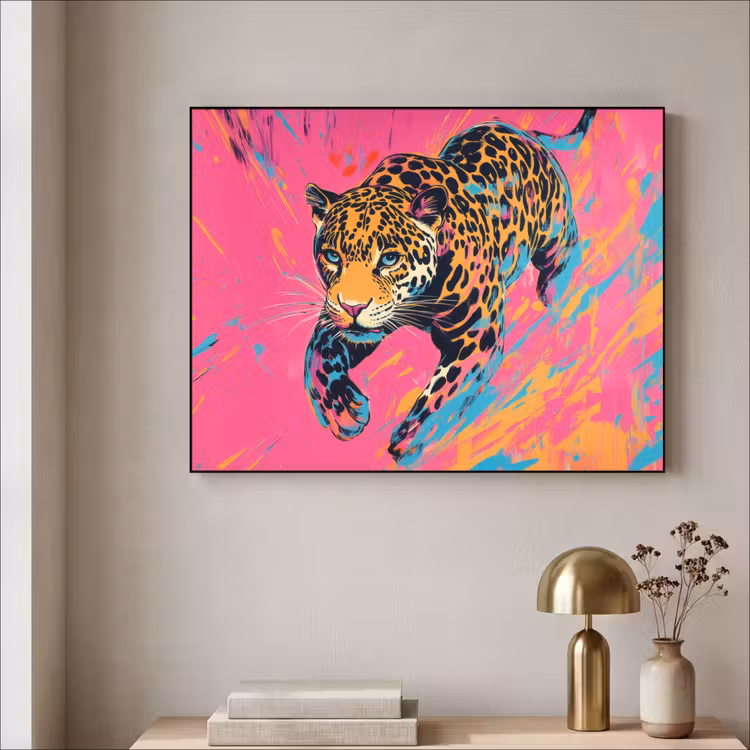 Luipaard - Roze - Oranje - Blauw - Verf Textielframe - compleet frame klein -sfeer2