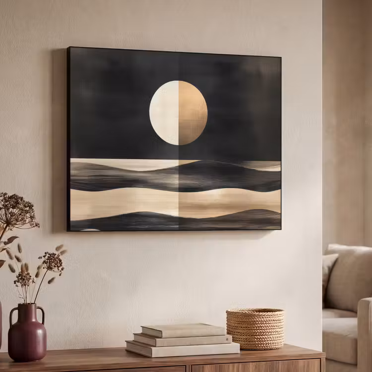Maan - Cirkel - Goud Textielframe zwart klein -sfeer3