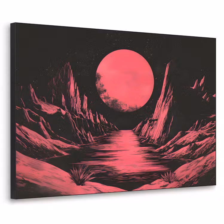 Maan - Felroze - Bergen - Rivier Textielframe - compleet frame klein -3d