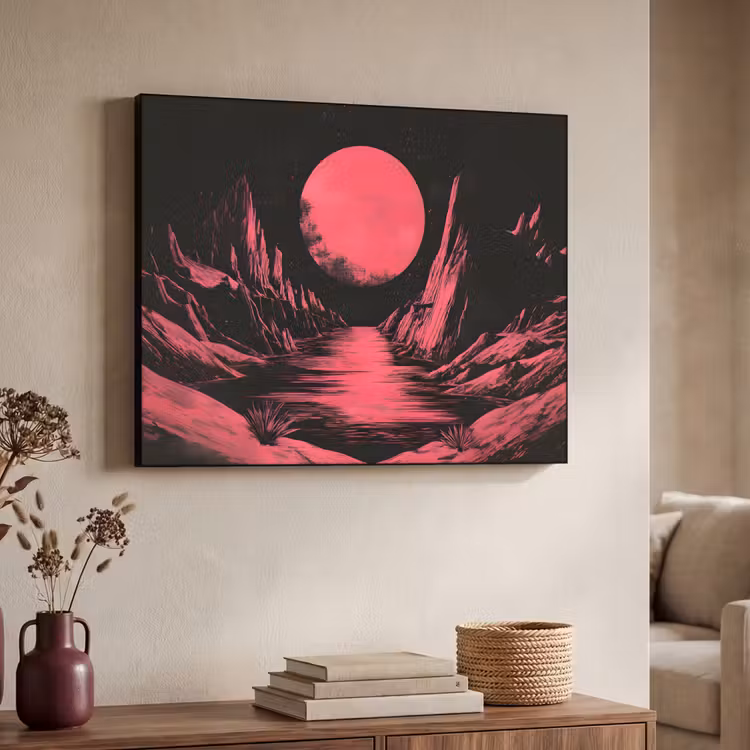 Maan - Felroze - Bergen - Rivier Textielframe zwart klein -sfeer3