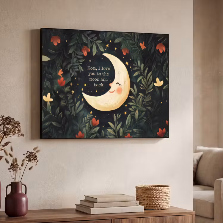 Maan - Quote - Bloemen - Sterren Textielframe zwart klein -sfeer3