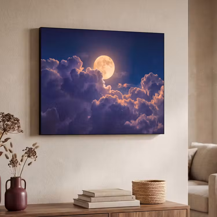 Maan - Wolken - Nacht - Oranje Textielframe zwart klein -sfeer3