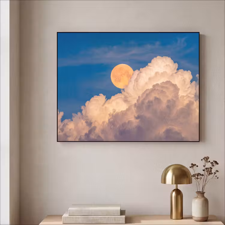 Maan - Wolken - Natuur - Oranje Textielframe zwart klein -sfeer2