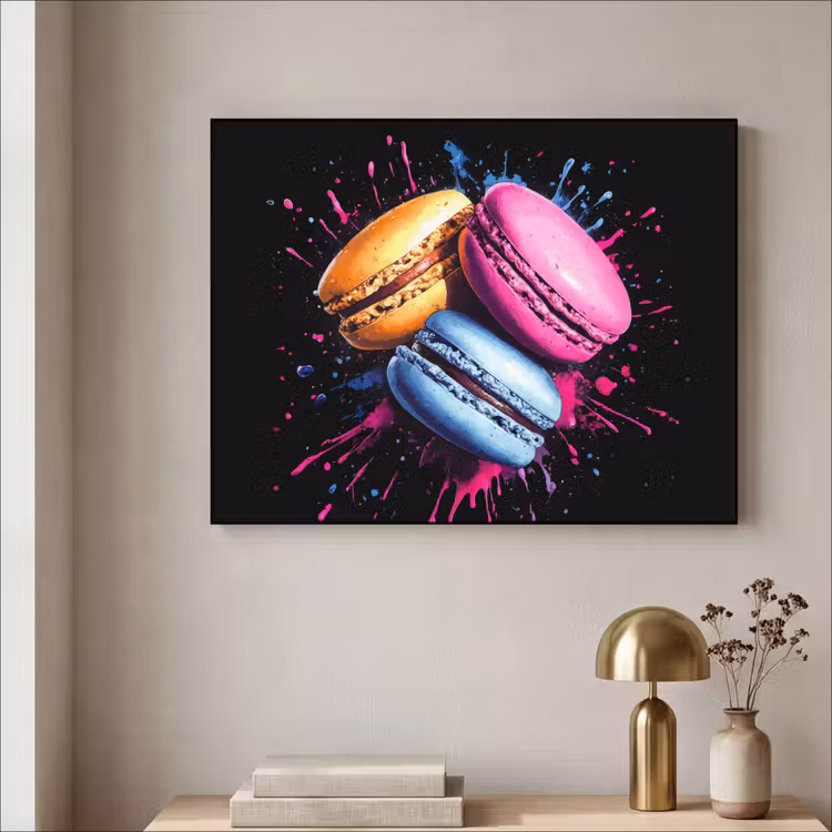 Macarons - Dessert - Graffiti - Kleurrijk - Roze - Blauw - Geel Textielframe zwart klein -sfeer2