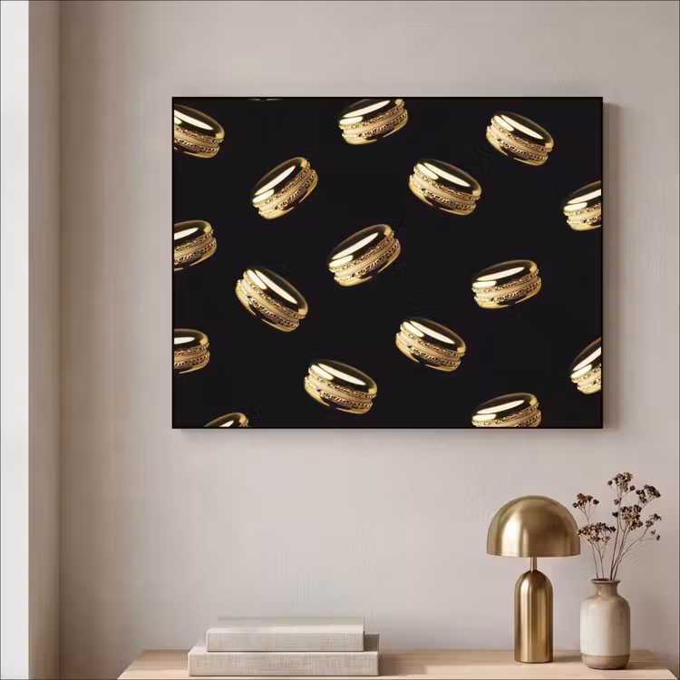 Macarons - Patroon - Goud - Zwart Textielframe - compleet frame klein -sfeer2