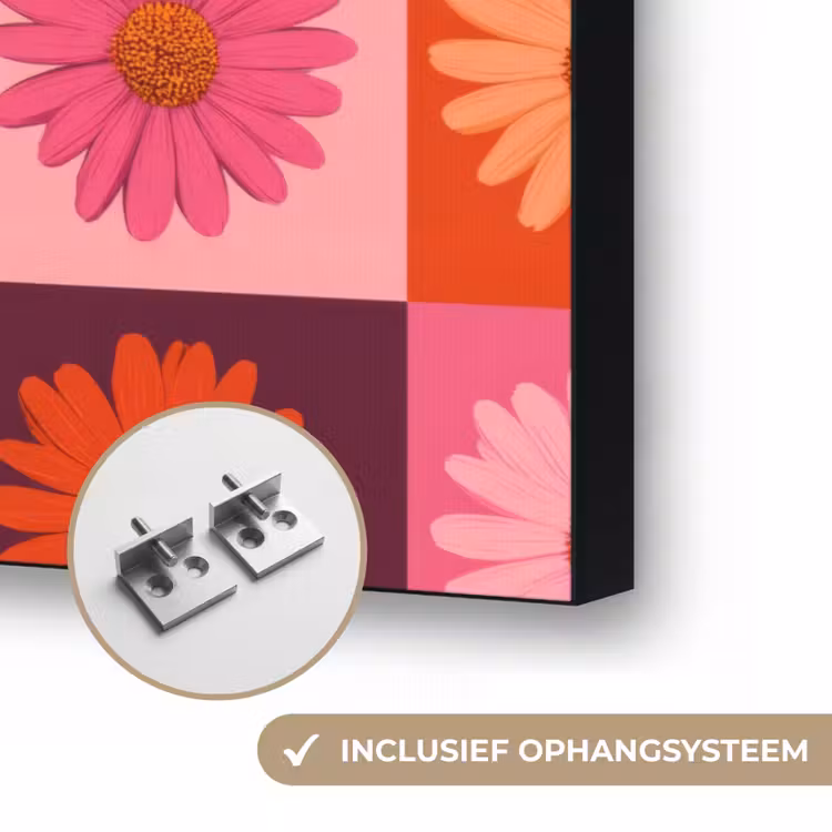 Madeliefjes - Dambord - Retro - Roze - Oranje Textielframe zwart klein 947 -USP_ophangsysteemNL