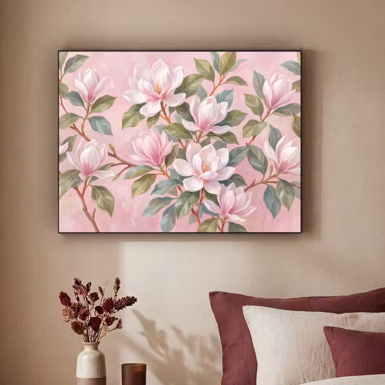 Magnolia's - Patroon - Roze Textielframe zwart klein -sfeer1