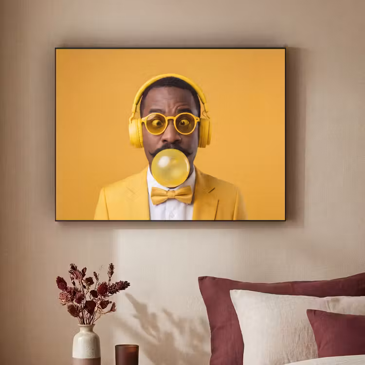 Man - Bubblegum - Portret - Geel - Modern Textielframe zwart klein -sfeer1