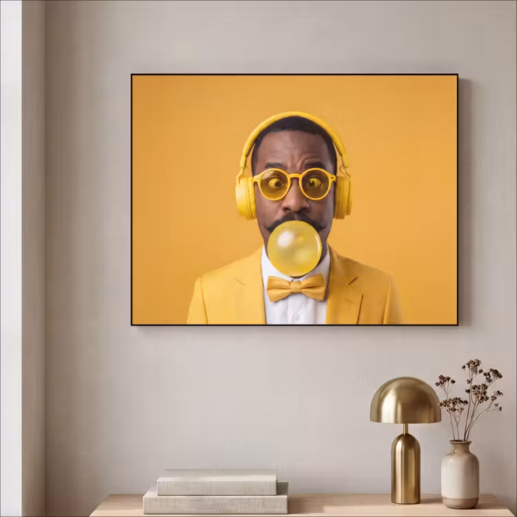 Man - Bubblegum - Portret - Geel - Modern Textielframe zwart klein -sfeer2