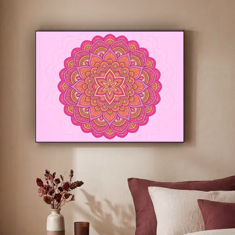 Mandala - Cirkel - Spiritueel - Oosters - Roze Textielframe zwart klein -sfeer1