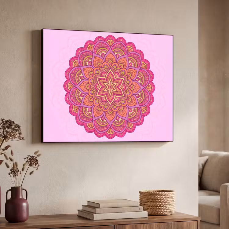 Mandala - Cirkel - Spiritueel - Oosters - Roze Textielframe zwart klein -sfeer3