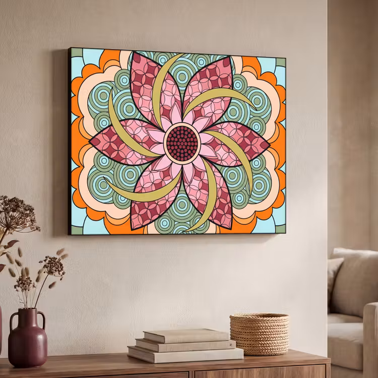 Mandala - Geometrisch - Kunst - Decoratief - Kleurrijk Textielframe zwart klein -sfeer3