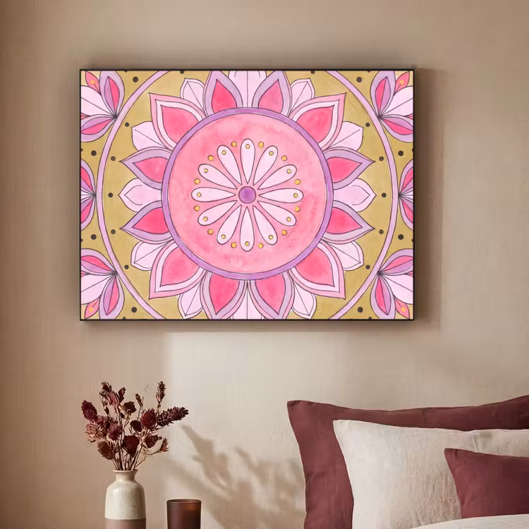 Mandala - Patroon - Kunst - Aquarel - Roze Textielframe zwart klein -sfeer1
