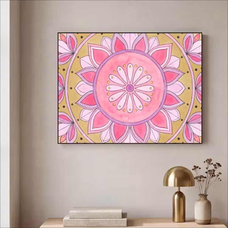 Mandala - Patroon - Kunst - Aquarel - Roze Textielframe zwart klein -sfeer2