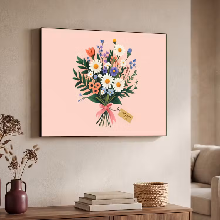 Margrieten - Boeket - Strikje - Roze Textielframe - compleet frame klein -sfeer3