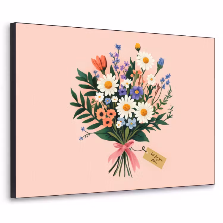 Margrieten - Boeket - Strikje - Roze Textielframe zwart klein -3d