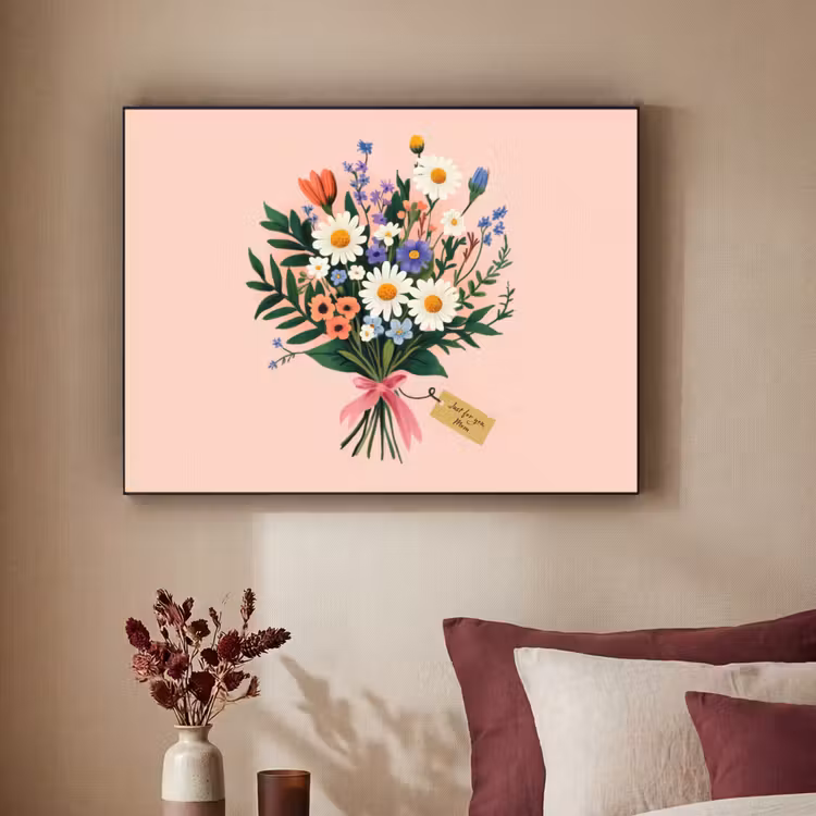 Margrieten - Boeket - Strikje - Roze Textielframe zwart klein -sfeer1