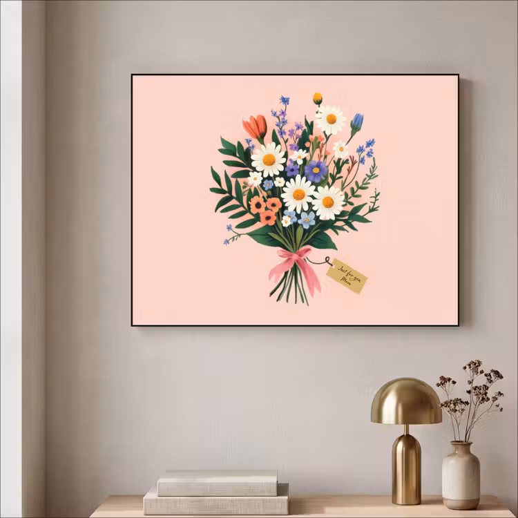 Margrieten - Boeket - Strikje - Roze Textielframe zwart klein -sfeer2