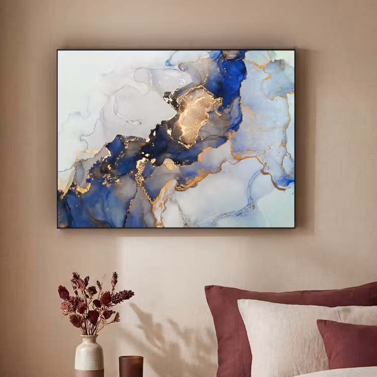 Marmer - Blauw - Goud Textielframe zwart klein -sfeer1