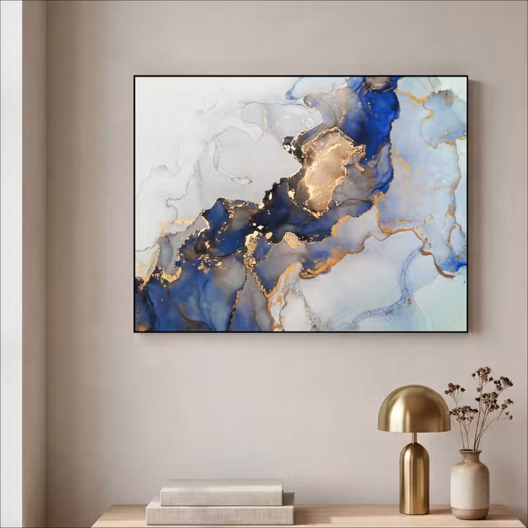 Marmer - Blauw - Goud Textielframe zwart klein -sfeer2