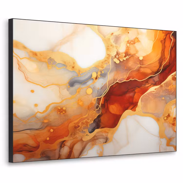 Marmer - Oranje - Goud - Modern - Abstract Textielframe zwart klein -3d