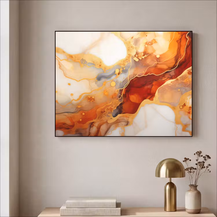 Marmer - Oranje - Goud - Modern - Abstract Textielframe zwart klein -sfeer2