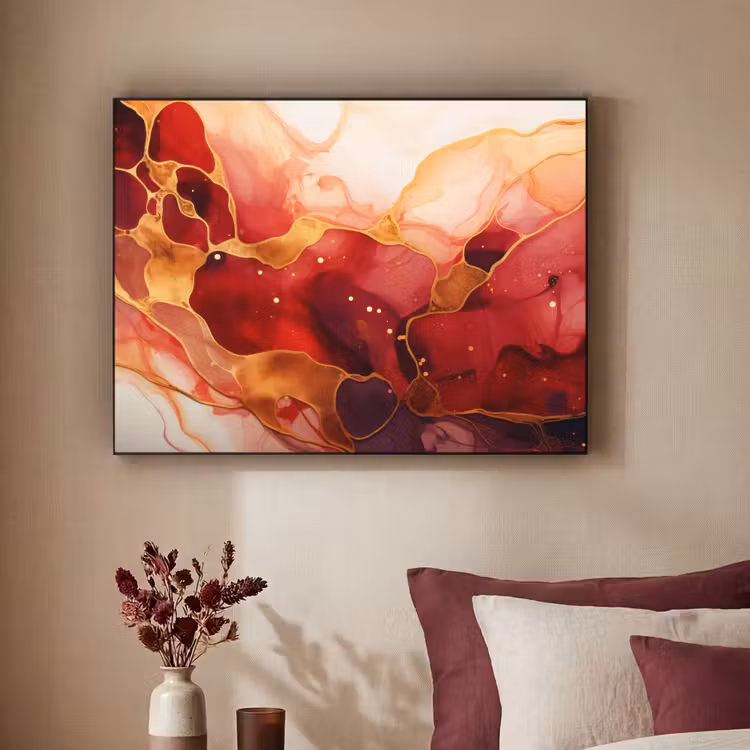 Marmer - Rood - Goud - Modern - Abstract Textielframe zwart klein -sfeer1