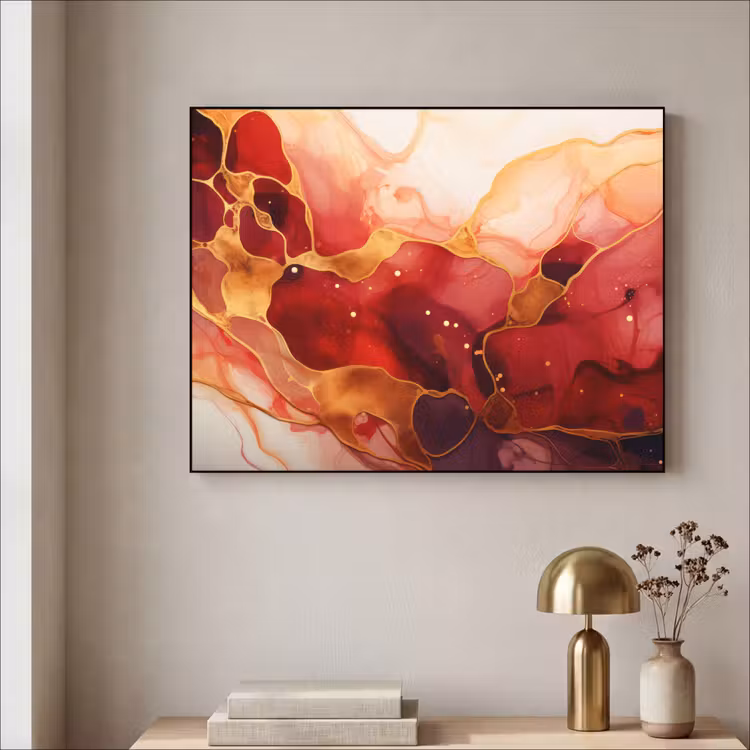 Marmer - Rood - Goud - Modern - Abstract Textielframe zwart klein -sfeer2
