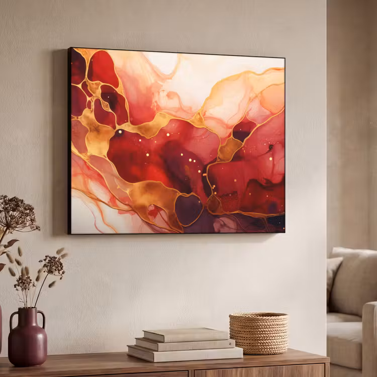 Marmer - Rood - Goud - Modern - Abstract Textielframe zwart klein -sfeer3