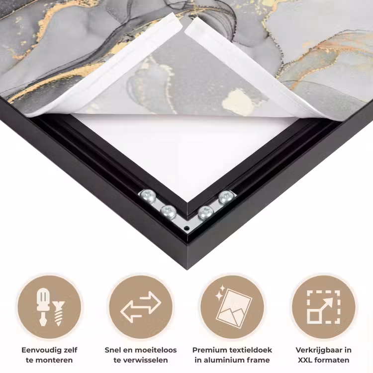 Marmer - Zwart - Goud - Grijs Textielframe zwart klein -USP_closeupNL