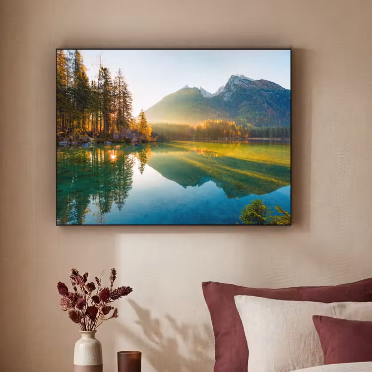 Meer - Bos - Bergen - Natuur - Zon - Landschap Textielframe zwart klein -sfeer1