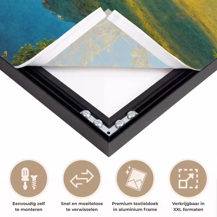 Meer - Bos - Bergen - Natuur - Zon - Landschap Textielframe zwart klein -USP_closeupNL