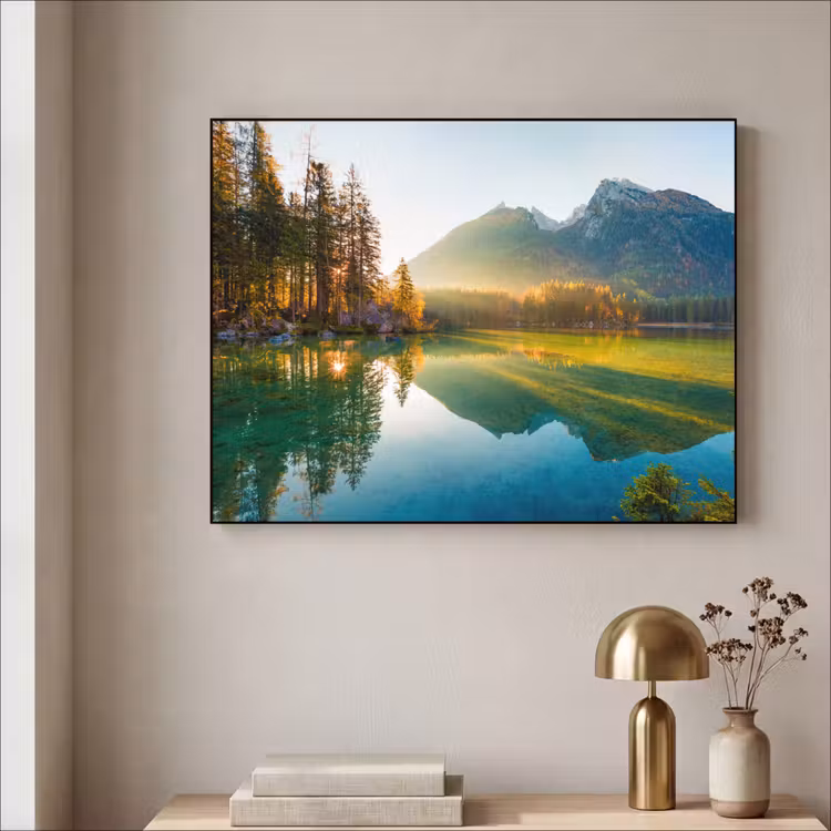 Meer - Bos - Bergen - Natuur - Zon - Landschap Textielframe zwart klein -sfeer2