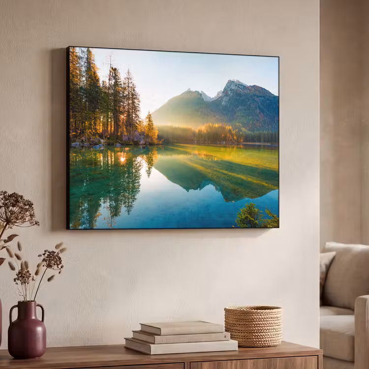 Meer - Bos - Bergen - Natuur - Zon - Landschap Textielframe zwart klein -sfeer3