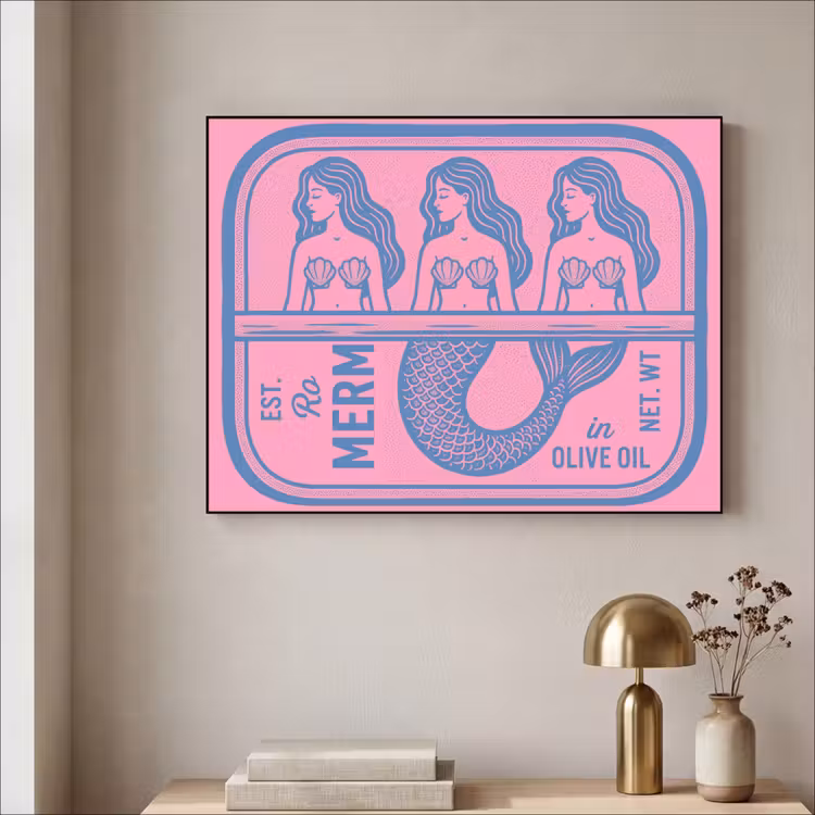 Meermin - Sardineblik - Illustratie - Roze - Retro Textielframe zwart klein -sfeer2