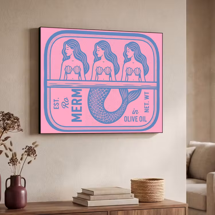 Meermin - Sardineblik - Illustratie - Roze - Retro Textielframe zwart klein -sfeer3