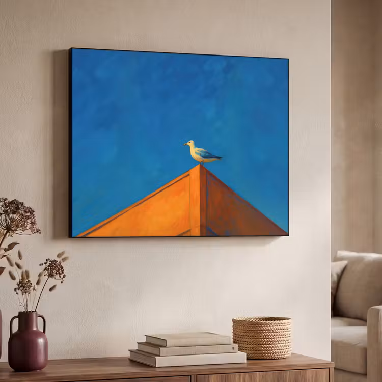 Meeuw - Gebouw - Lucht - Geschilderd Textielframe - compleet frame klein -sfeer3