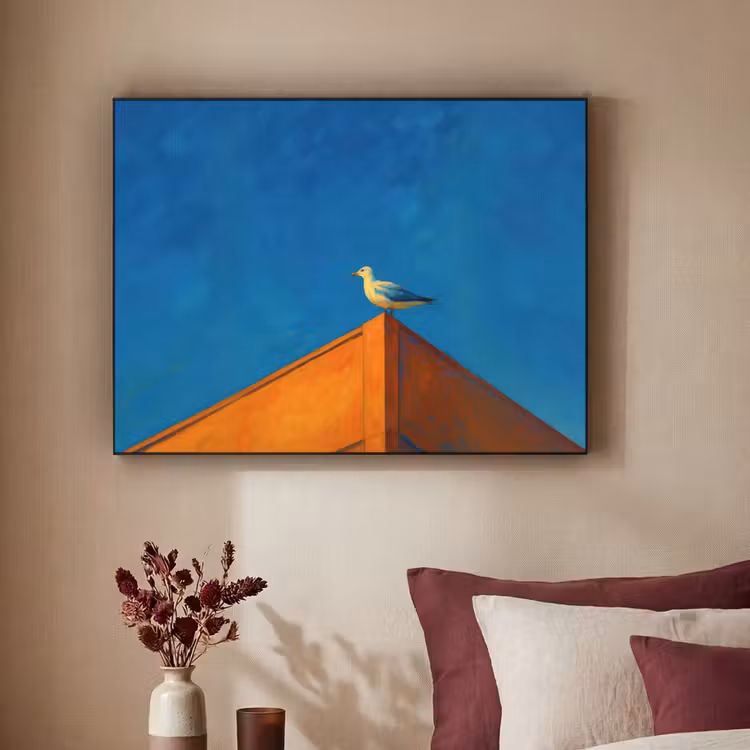 Meeuw - Gebouw - Lucht - Geschilderd Textielframe zwart klein -sfeer1