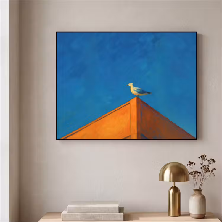 Meeuw - Gebouw - Lucht - Geschilderd Textielframe zwart klein -sfeer2