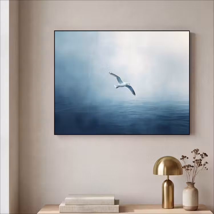 Meeuw - Wit - Zee - Mistig Textielframe zwart klein -sfeer2