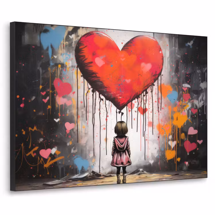 Meisje - Hart - Graffiti - Kunst - Kleuren - Rood Textielframe zwart klein -3d
