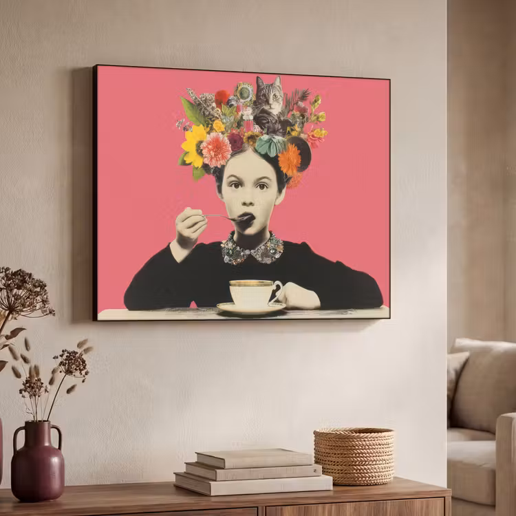 Meisje - Kopje - Bloemen - Roze Textielframe zwart klein -sfeer3