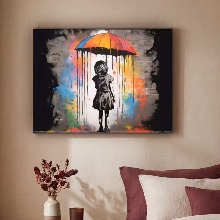 Meisje - Kunst - Paraplu - Graffiti - Kleuren - Muur Textielframe zwart klein -sfeer1
