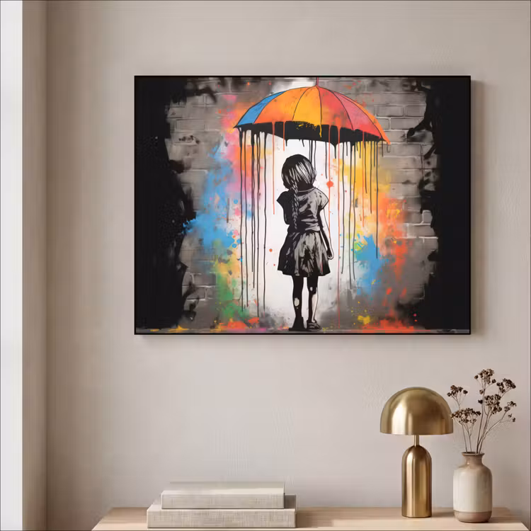 Meisje - Kunst - Paraplu - Graffiti - Kleuren - Muur Textielframe zwart klein -sfeer2