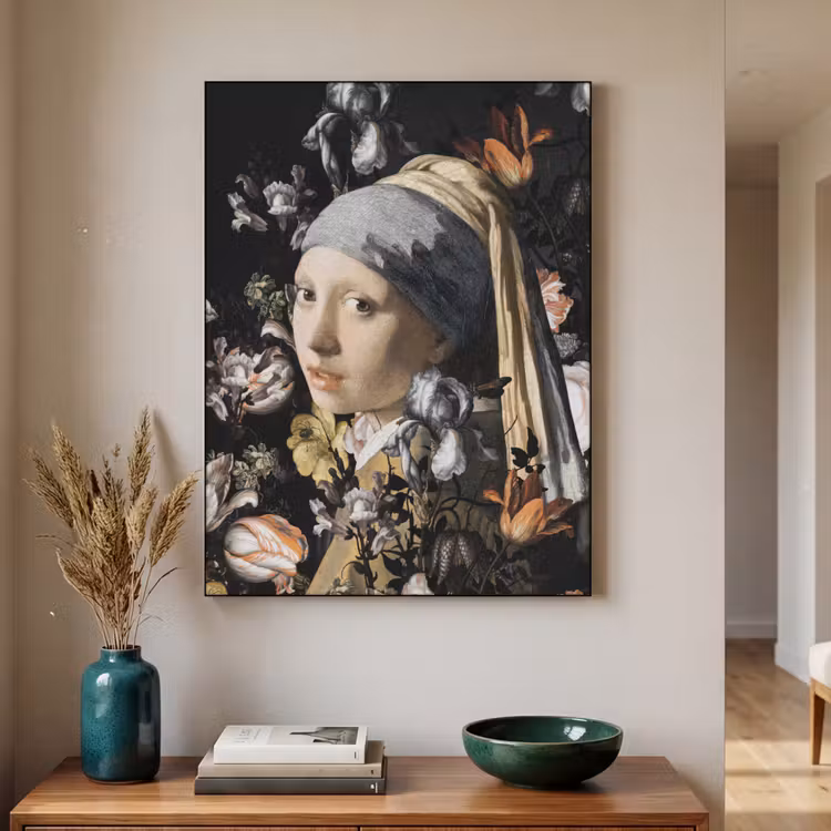 Meisje met de parel - Johannes Vermeer - Bloemen Textielframe zwart klein -sfeer1