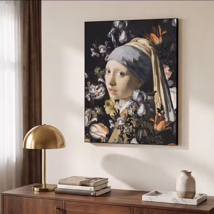 Meisje met de parel - Johannes Vermeer - Bloemen Textielframe zwart klein -sfeer3
