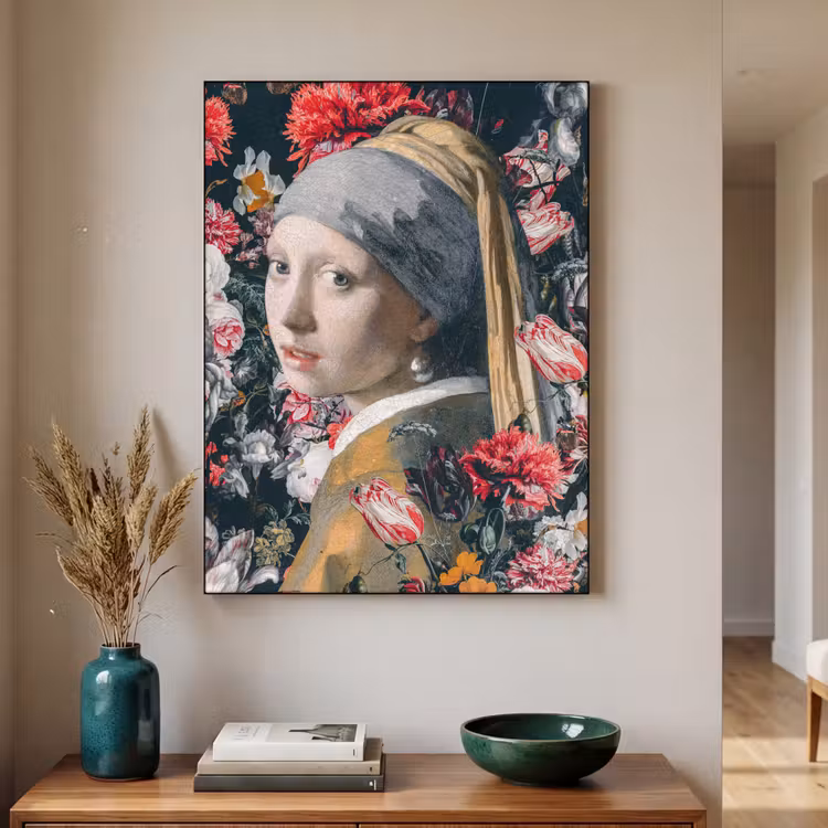 Meisje met de parel - Johannes Vermeer - Bloemen Textielframe zwart klein -sfeer1